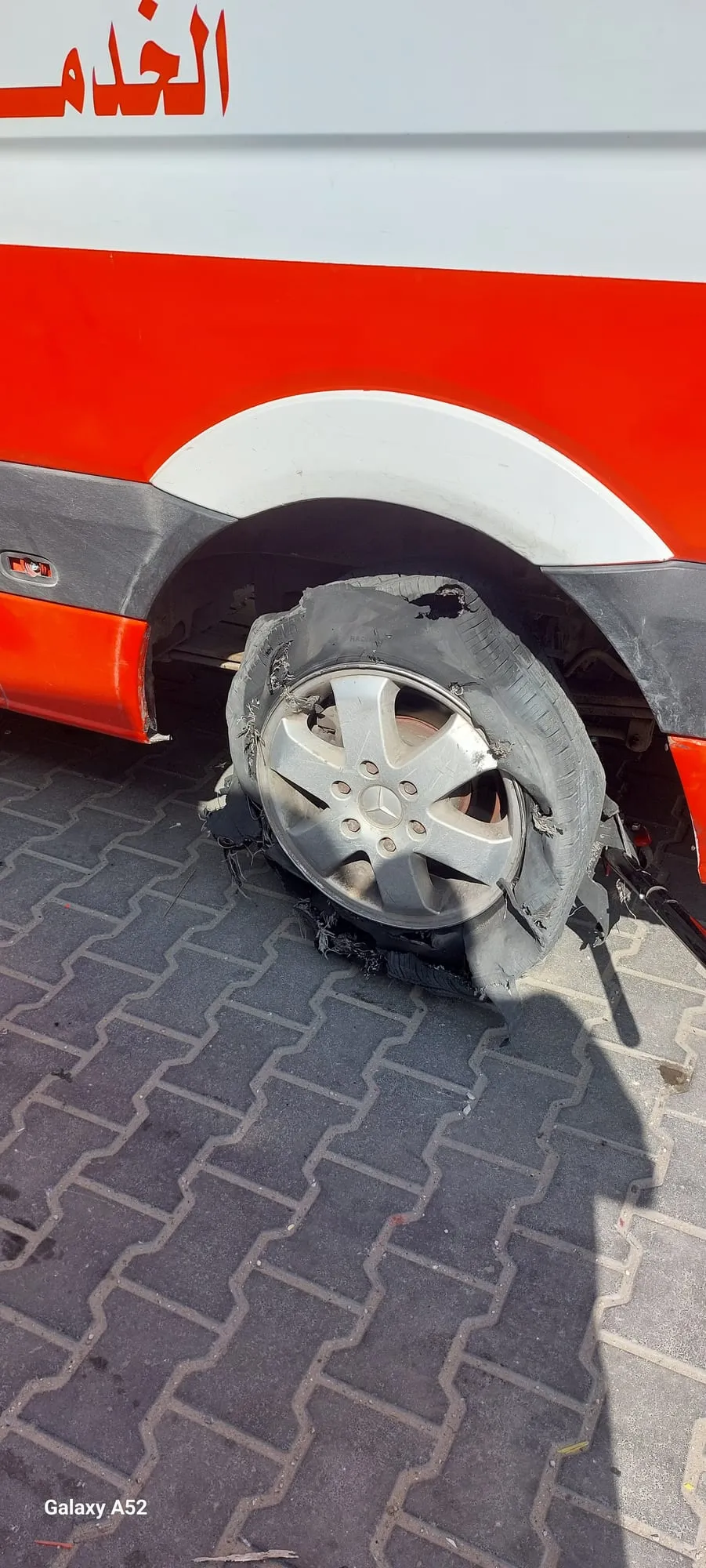 The ambulance tyre after it burst — “a tyre saved us”